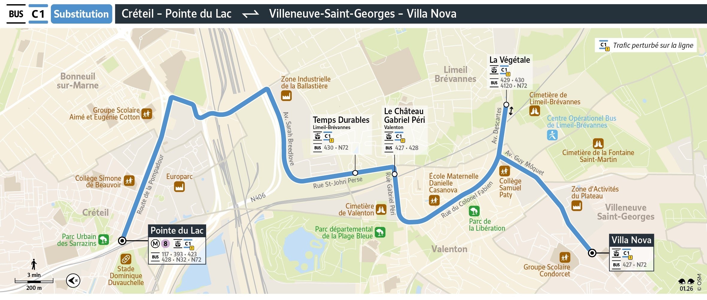 Votre plan du bus relais C1 ! Les arrêts sont : Pointe du Lac, Limeil-Brévannes - Plage Bleue, Le Château - Gabriel Péri, La Végétale, Villa Nova.