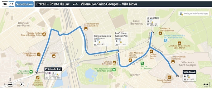 Votre plan du bus relais C1 ! Les arrêts sont : Pointe du Lac, Limeil-Brévannes - Plage Bleue, Le Château - Gabriel Péri, La Végétale, Villa Nova.