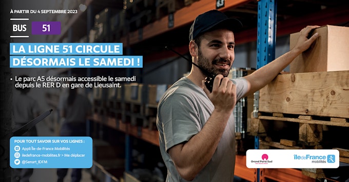 A partir du 4 septembre, la ligne 51 circule désormais le samedi! Le parc A5 désormais accessible le samedi depuis le RER D en gare de Lieusaint. Pour tout savoir sur vos lignes: appli Ile-de-france Mobilités, iledefrance-mobilites.fr Me Déplacer, twitter @Senart_IDFM