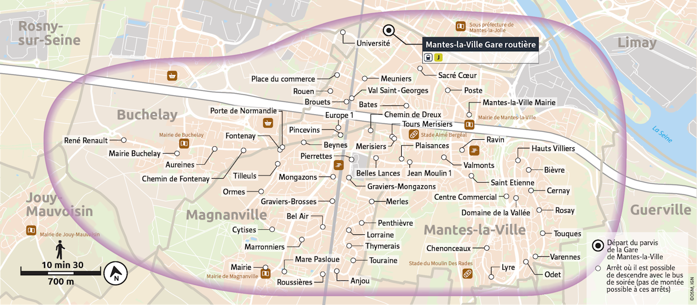 Mapa do ônibus noturno de Mantes-la-Ville