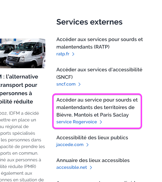 Imprim écran de la page du service Rogervoice sur le portail régional Île-de-France Mobilités