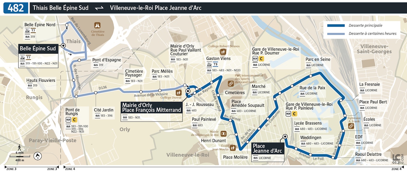 Mapa da linha 482 (antiga linha 2) - entre Villeneuve-le-Roi - Place Jeanne d'Arc e Thiais - Belle Epine