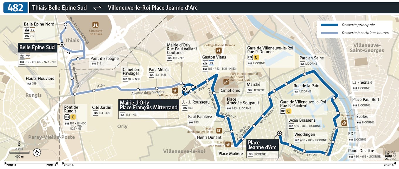 Plan de la ligne 482 (ancienne ligne 2) - entre Villeneuve-le-Roi - Place Jeanne d'Arc et Thiais - Belle Epine