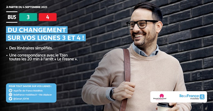 A partir du 4 septembre, vos lignes 3 et 4, du changement sur vos lignes et des itinéraires simplifiés. Pour tout savoir sur vos lignes: appli Ile-de-france Mobilités, iledefrance-mobilites.fr Me Déplacer, twitter @Senart_IDFM