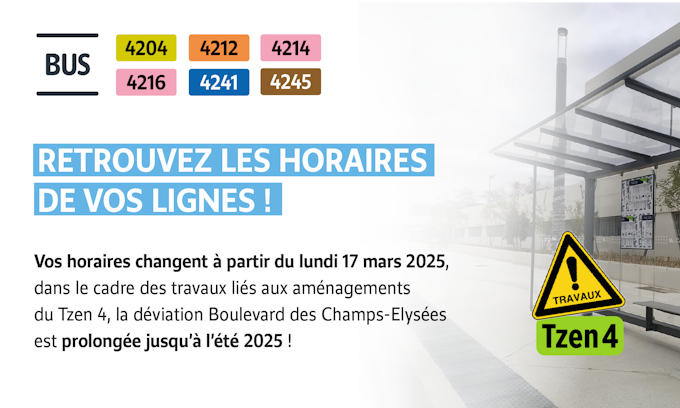 Horários para seus ônibus em 17 de março de 2025, como parte das obras relacionadas ao Tzen 4, em seu território Evry Centre Essonne.