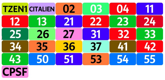 Liste des codes lignes : Tzen1, Citalien, 02, 03, 04, 11, 12, 13, 21, 22, 23, 24, 25, 26, 27, 31, 32, 33, 34, 35, 36, 37, 41, 42, 43, 20, 51, 53, 54, 55 et CPSF.