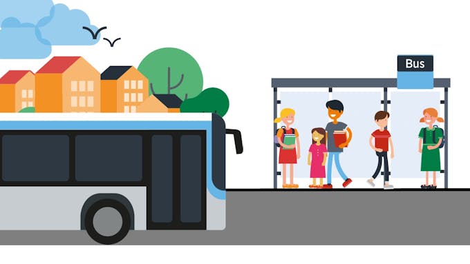Image d'illustration comprenant un bus Ile-de-France mobilités, des enfants et un abri bus.