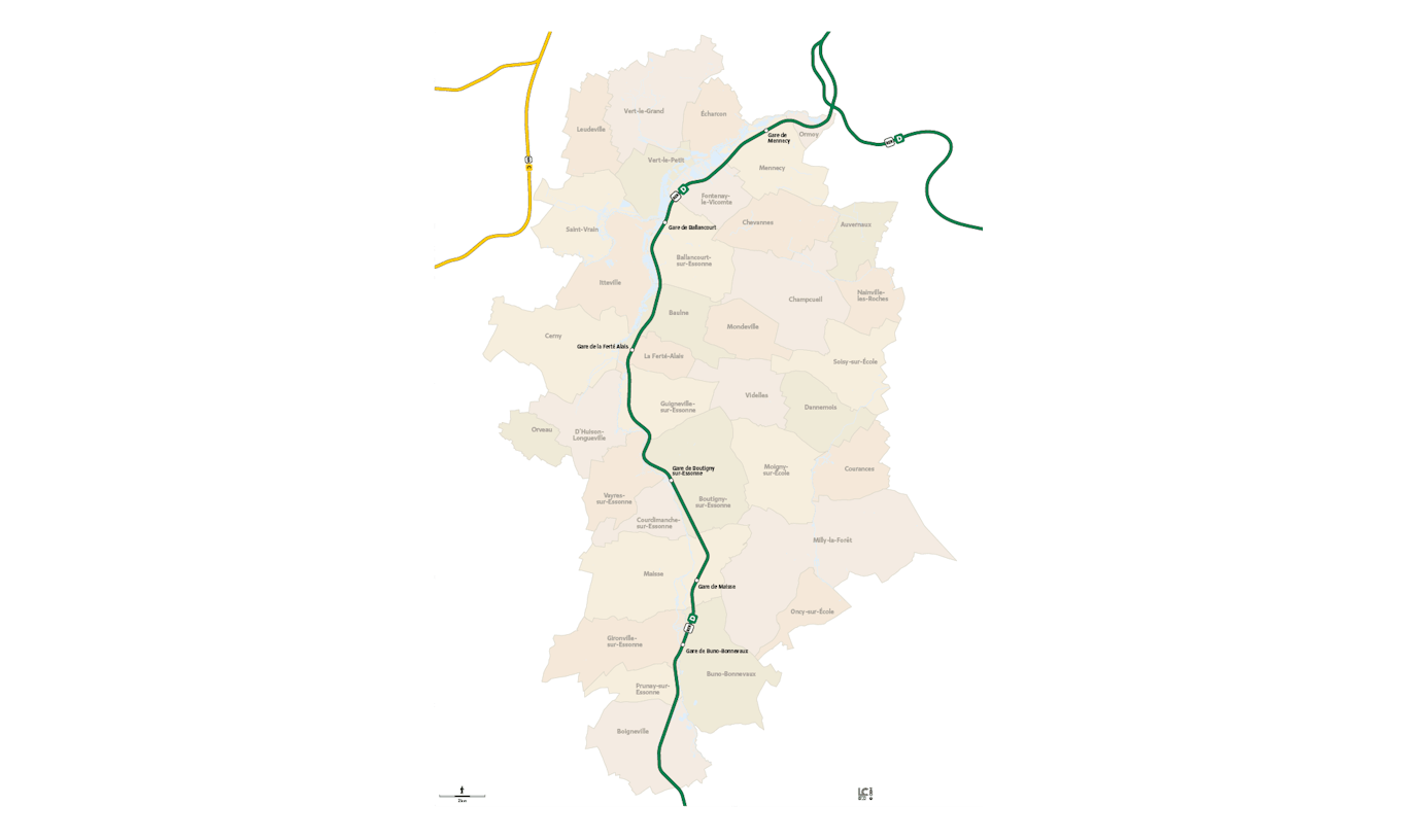 Carte du territoire Essonne Sud Est représentant les communes