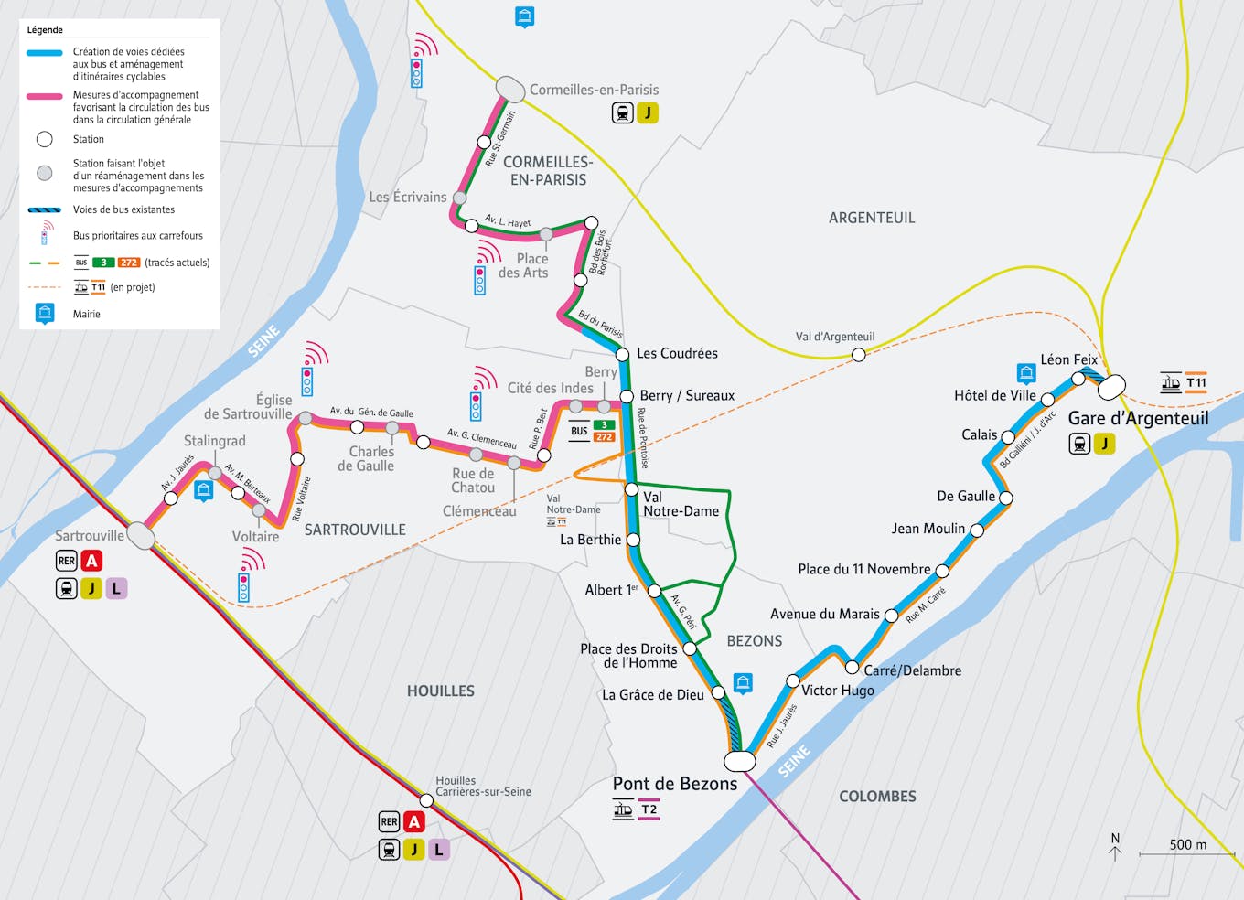 Plan du projet Bus ligne entre seine Aménagements dédiés au bus Argenteuil > Bezons > Sartrouville > Cormeilles