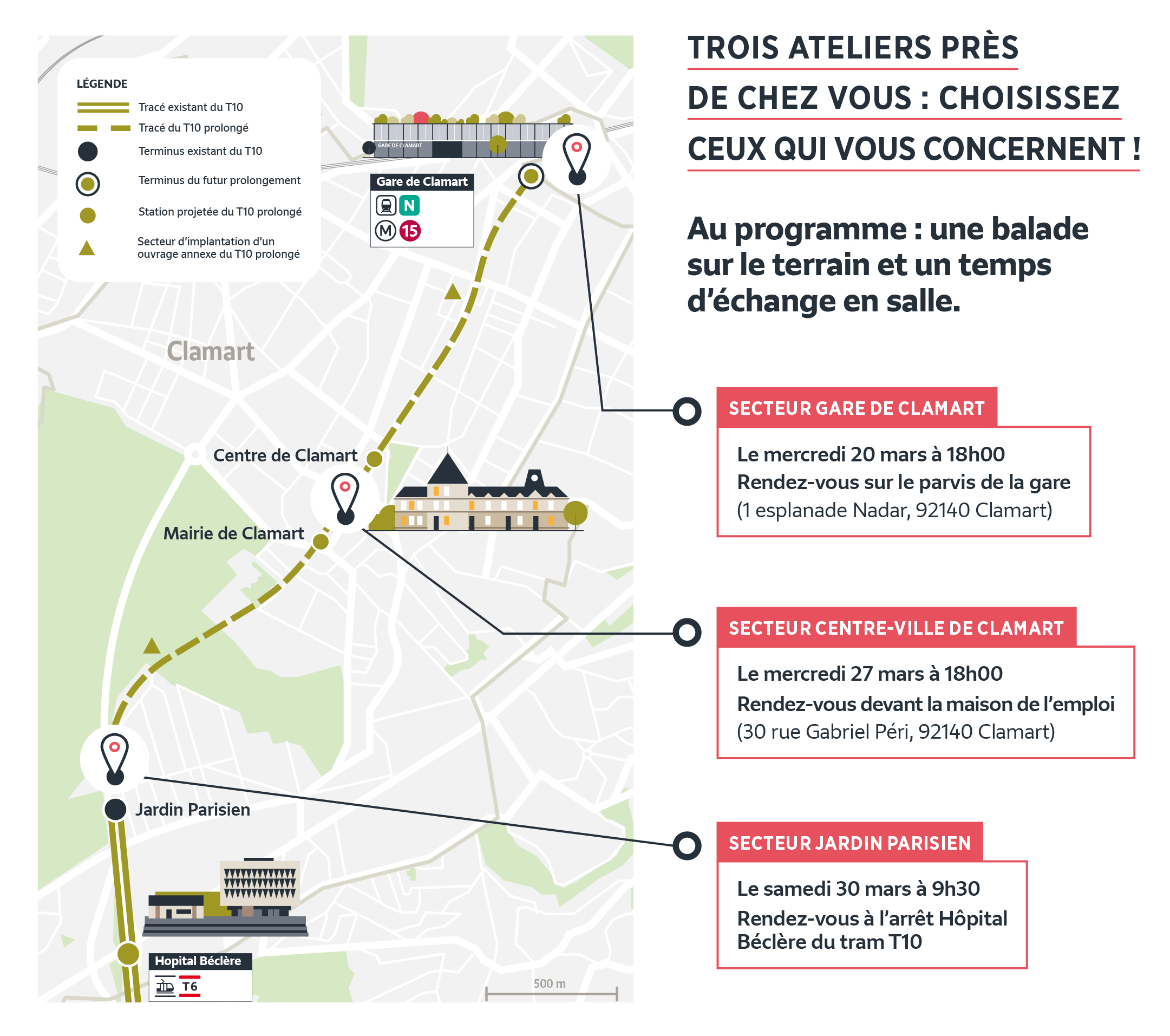 Illustration, Trois atelier près de chez vous : choisissez ceux qui vous concernent ! Au programme : une balade sur le terrain et un temps d'échange en salle.  Secteur gare de Clamart : Le mercredi 20 mars à 18h, rendez-vous sur le parvis de la gare (1 esplanade Nadar, 92140 Clamart). Secteur centre-ville de Clamart : Le mercredi 27 mars à 18h, rendez-vous devant la maison de l’emploi (30 rue Gabriel Péri, 92140 Clamart). Secteur Jardin Parisien : Le samedi 30 mars à 9h30, rendez-vous à l’arrêt Hôpital Béclère du tram T10