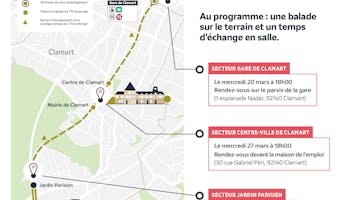 Illustration, Trois atelier près de chez vous : choisissez ceux qui vous concernent ! Au programme : une balade sur le terrain et un temps d'échange en salle. Secteur gare de Clamart : Le mercredi 20 mars à 18h, rendez-vous sur le parvis de la gare (1 esplanade Nadar, 92140 Clamart). Secteur centre-ville de Clamart : Le mercredi 27 mars à 18h, rendez-vous devant la maison de l’emploi (30 rue Gabriel Péri, 92140 Clamart). Secteur Jardin Parisien : Le samedi 30 mars à 9h30, rendez-vous à l’arrêt Hôpital Béclère du tram T10