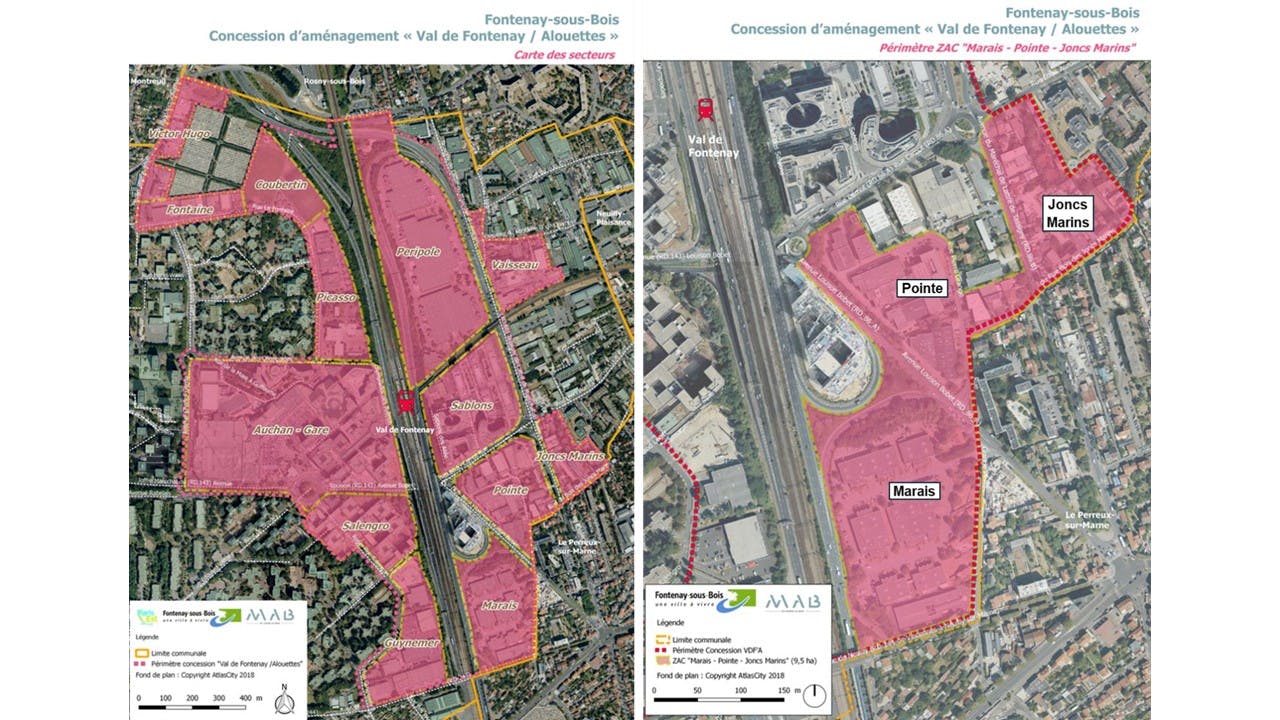 Plan du projet de concession de Fontenay-Alouettes (à gauche) et focus sur la ZAC Marais Point Joncs-Marins (à droite)
