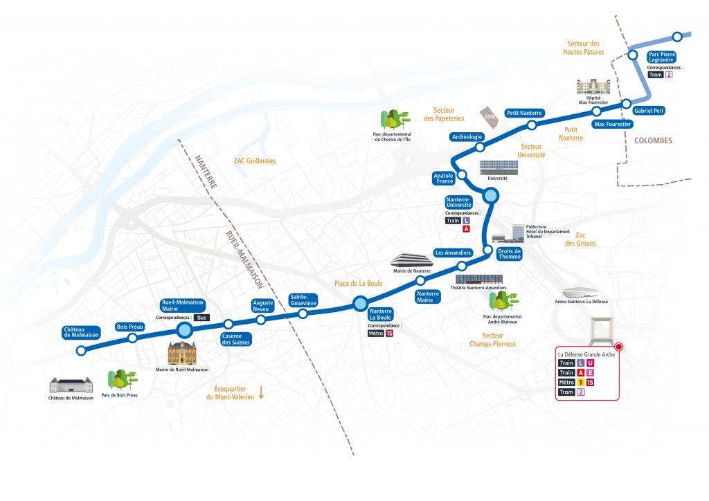 Plan du projet Tram ligne T1 Prolongement Nanterre > Rueil Malmaison