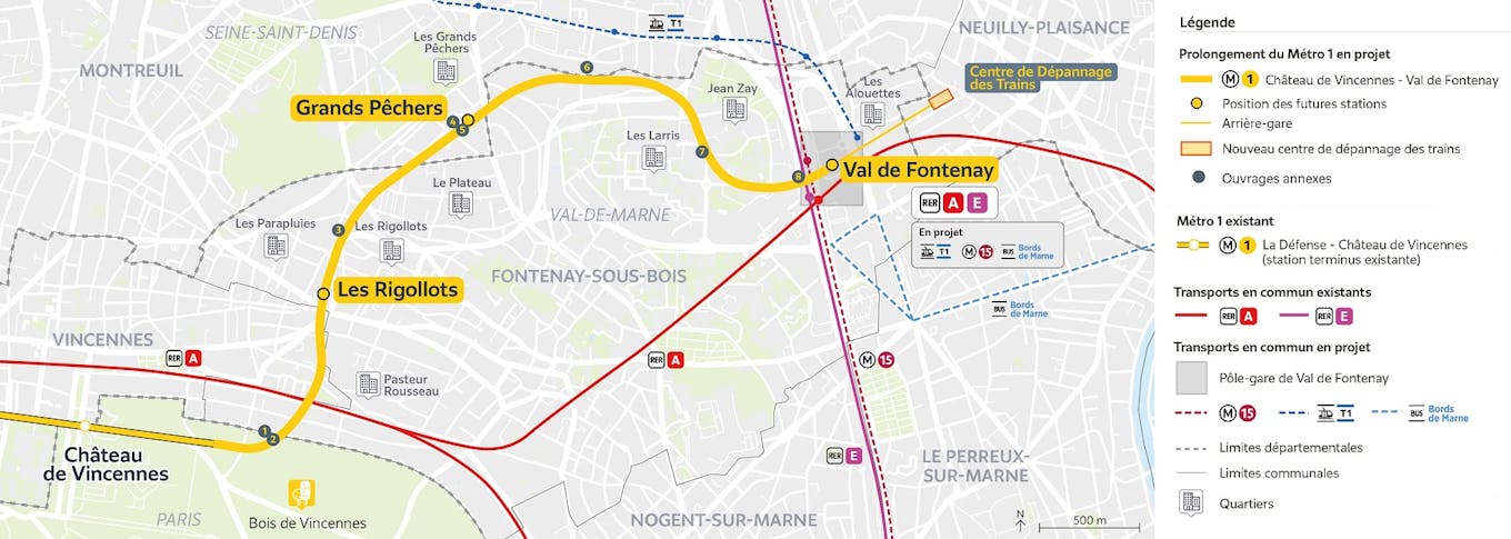 Plan du projet Métro ligne 1 Prolongement Château de Vincennes < > Val de Fontenay