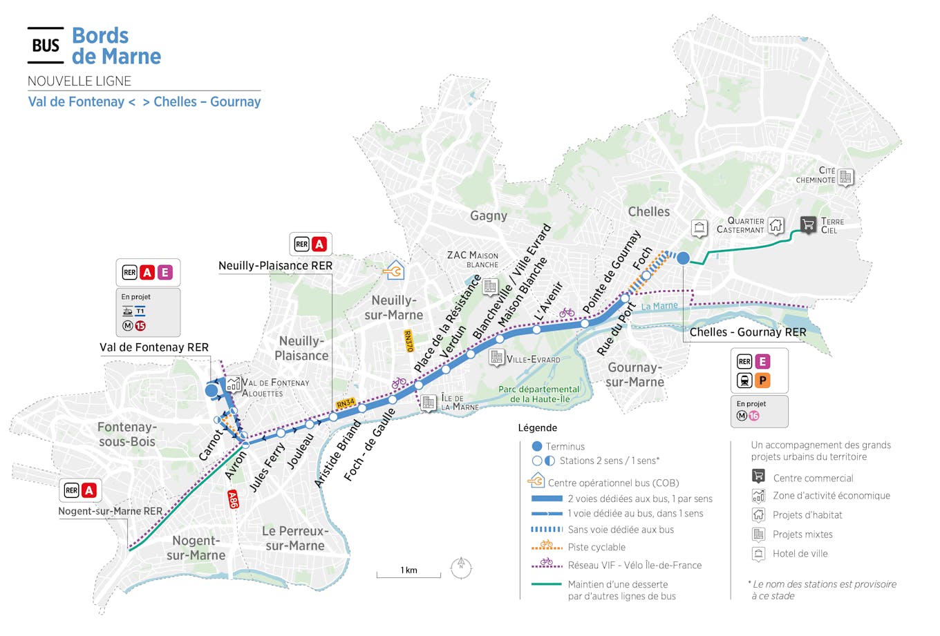Plan du projet Bus Nouvelle ligne Val de Fontenay <  > Chelles - Gournay
