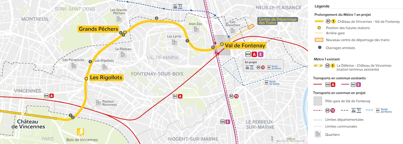 Plan du projet Métro ligne 1 Prolongement Château de Vincennes > Val de Fontenay