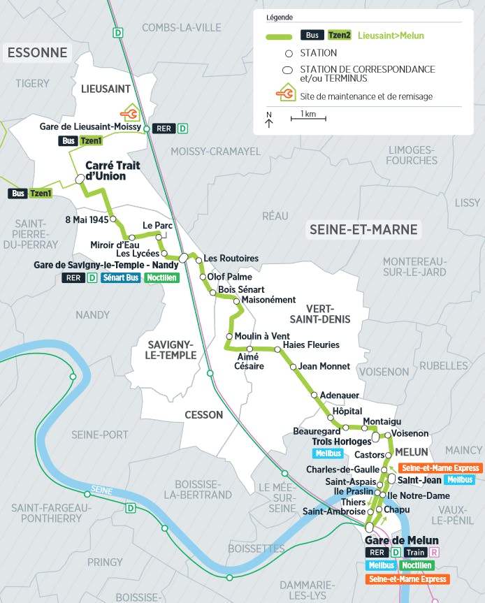 Plan du projet Bus Tzen 2 Nouvelle ligne Lieusaint > Melun