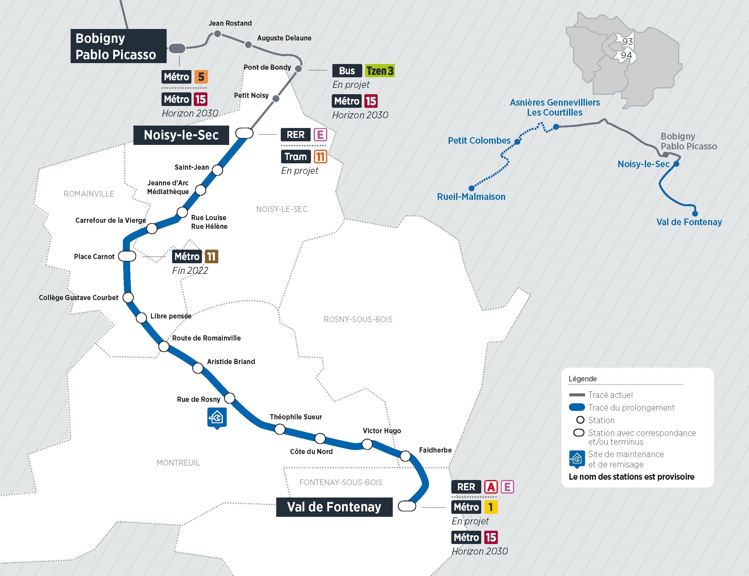 Plan du projet Tram T1 – Prolongement à Val-de-Fontenay