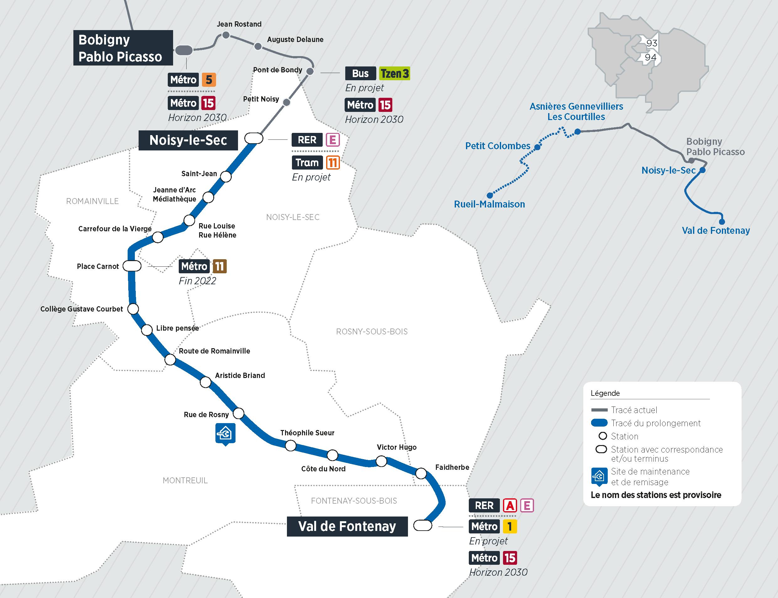 Plan du projet Tram ligne T1 Prolongement Noisy-le-Sec > Val de Fontenay