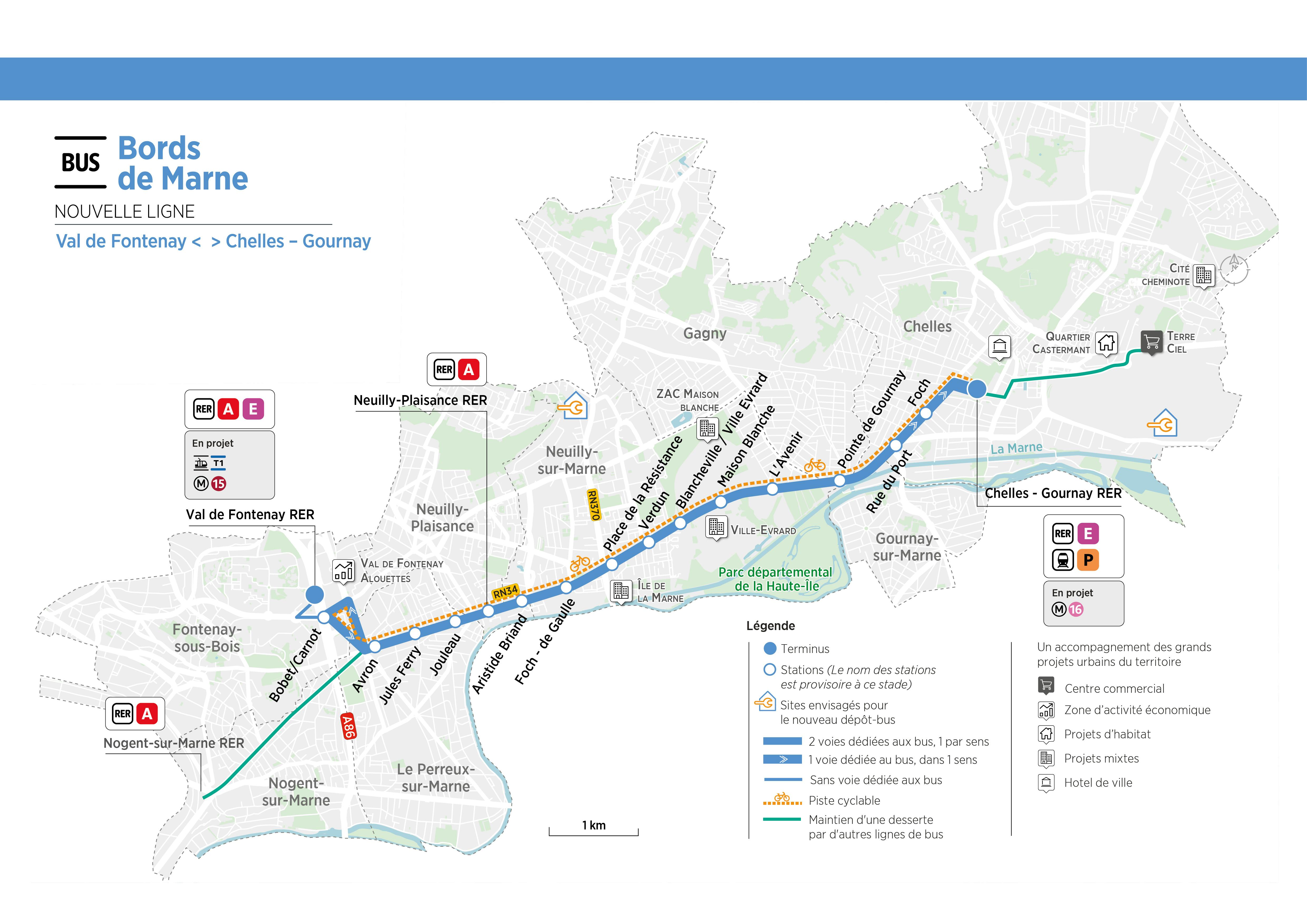 Plan du projet Bus Nouvelle ligne Val de Fontenay > Chelles-Gournay