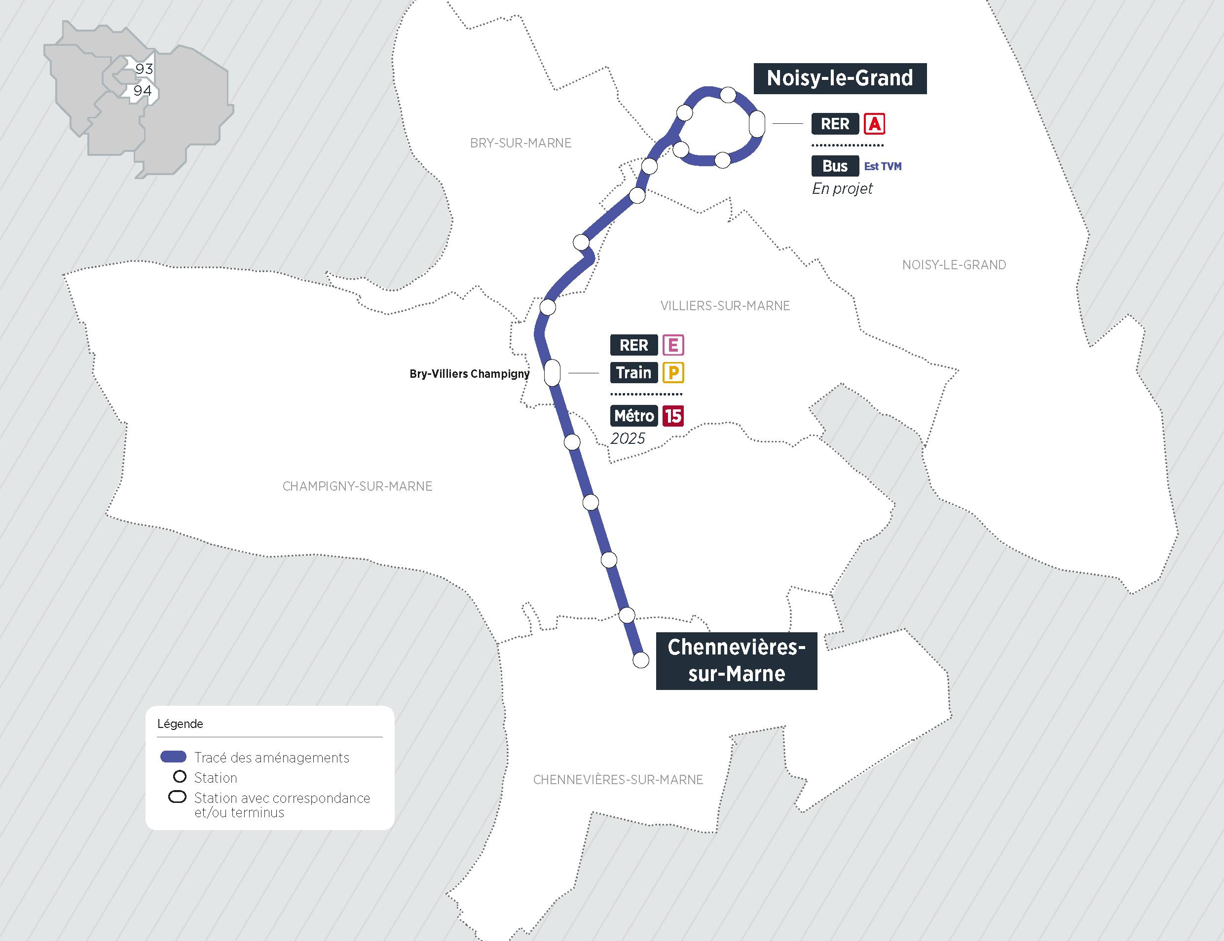 Plan du projet Bus Aménagements dédiés au bus Noisy-le-Grand > Chennevières-sur-Marne