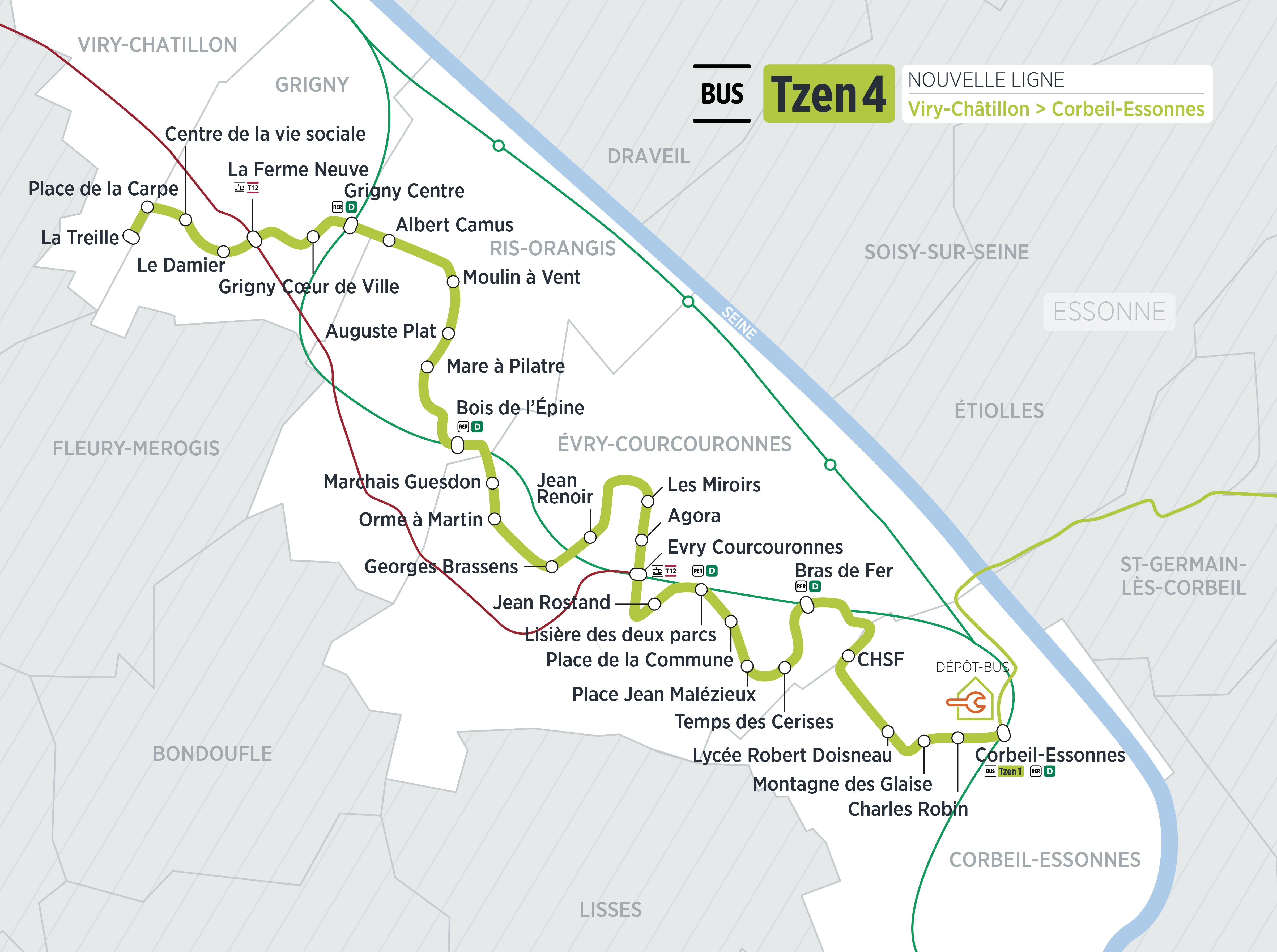 Plan du projet Bus Tzen 4 Nouvelle ligne Viry-Chatillon > Corbeil-Essonnes