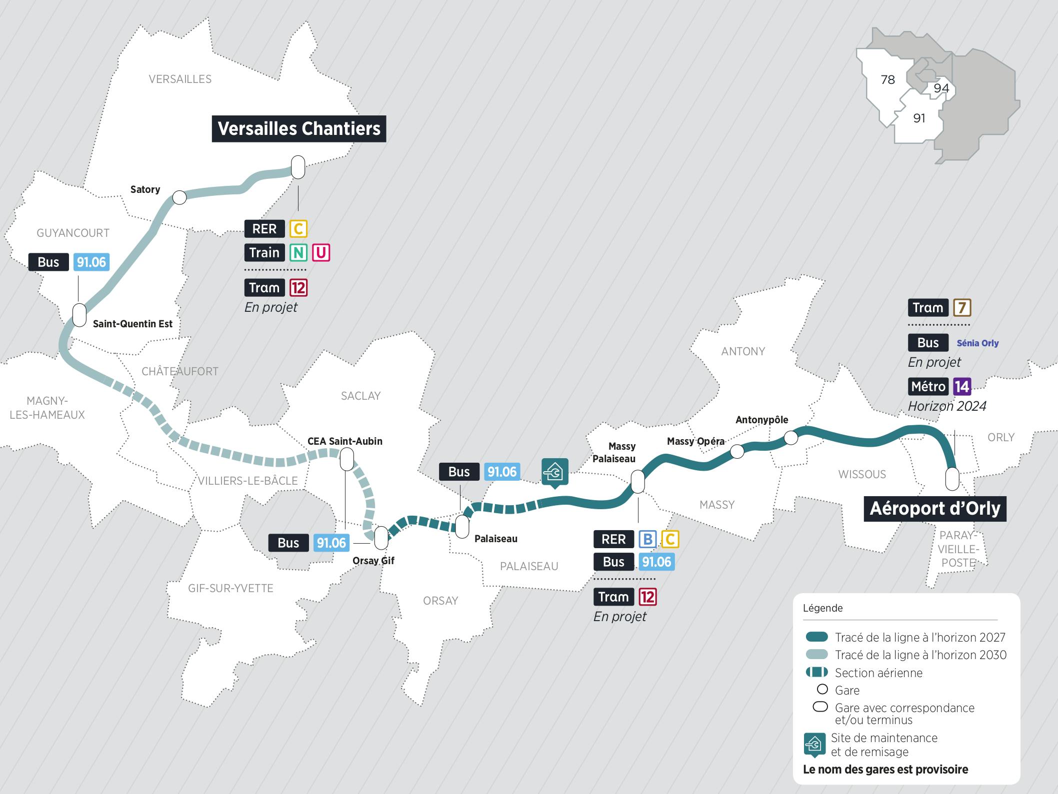 Plan du projet Métro ligne 18 Nouvelle ligne Aéroport d’Orly > Versailles Chantiers