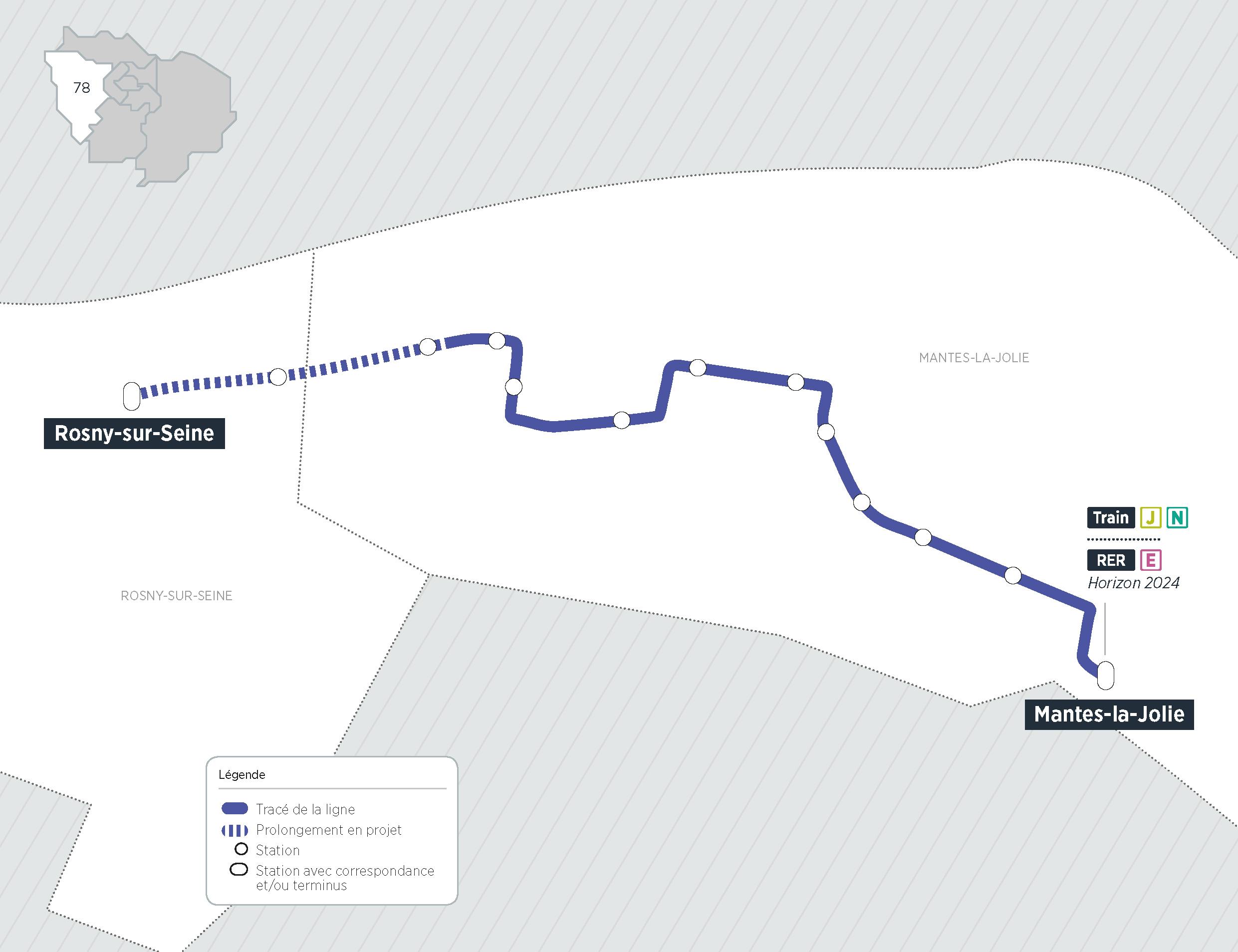 Plan du projet Bus Nouvelle ligne Rosny-sur-Seine > Mantes-la-Jolie