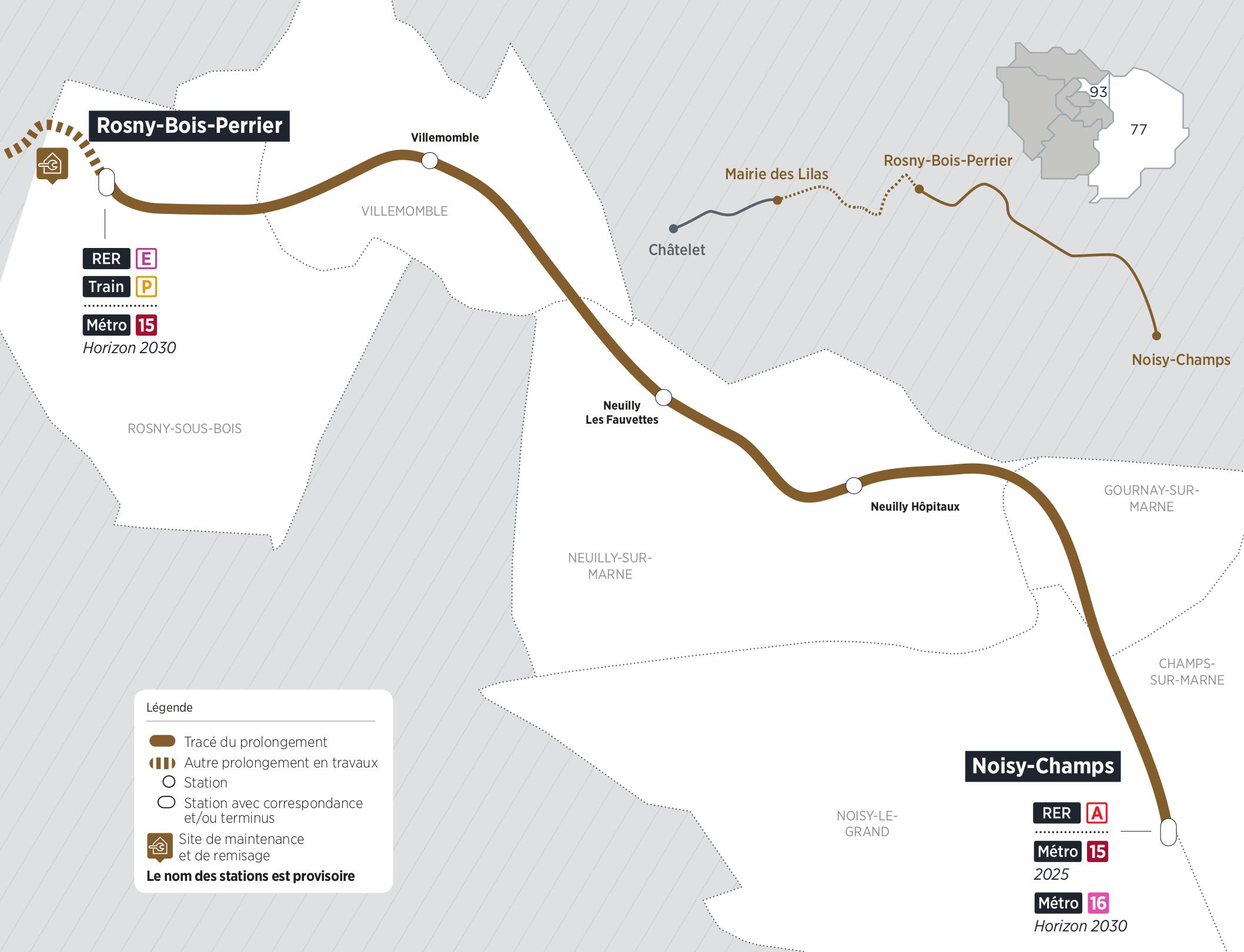 Plan du projet Métro ligne 11 Prolongement Rosny-Bois-Perrier > Noisy-Champs