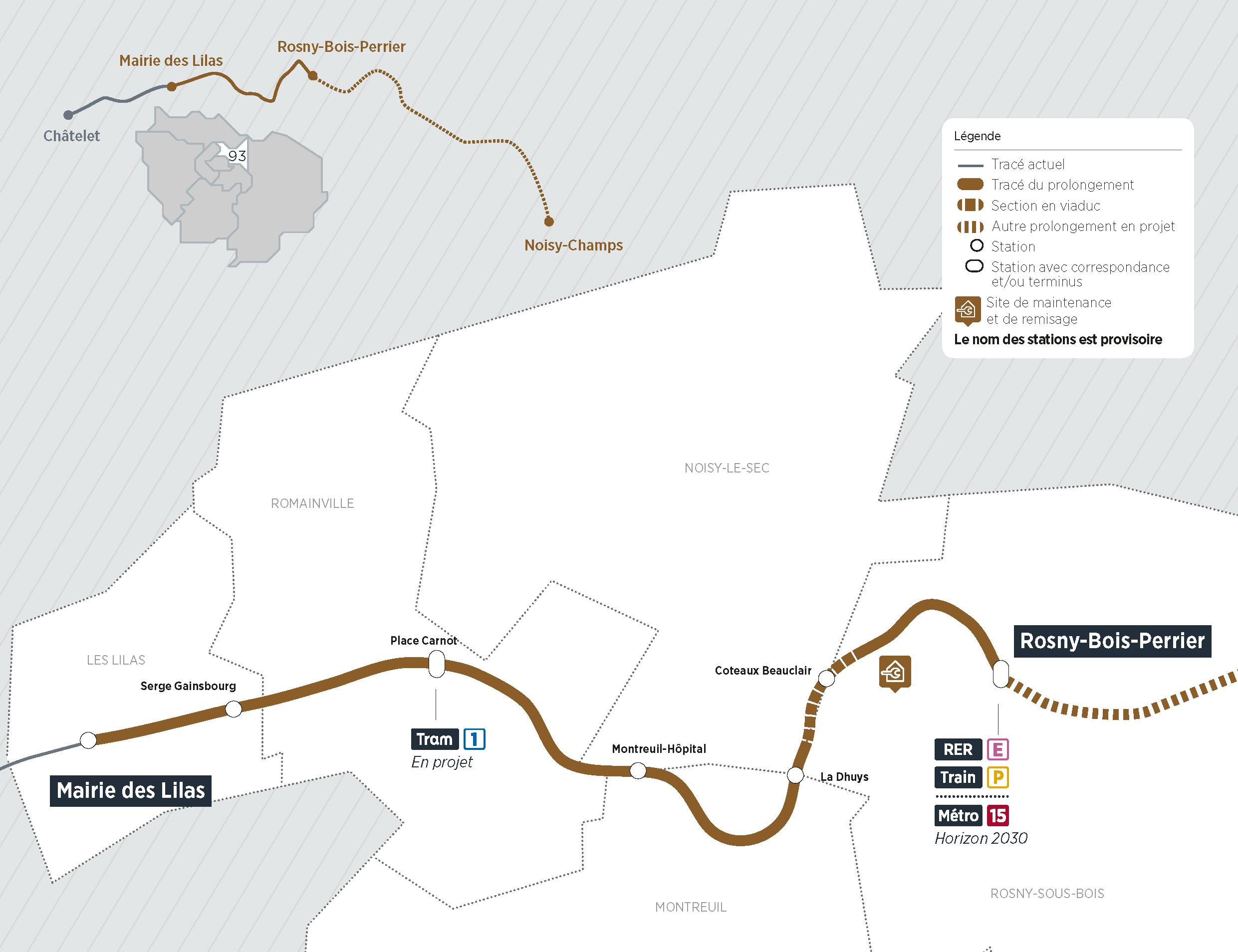 Plan du projet Métro ligne 11 Prolongement Mairie des Lilas > Rosny-Bois-Perrier
