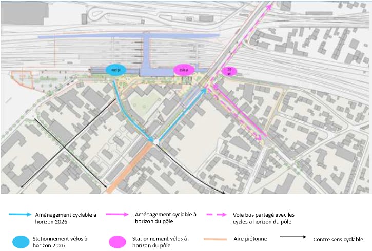 Carte des cheminements cyclables pour accéder à la gare et stationnements envisagés