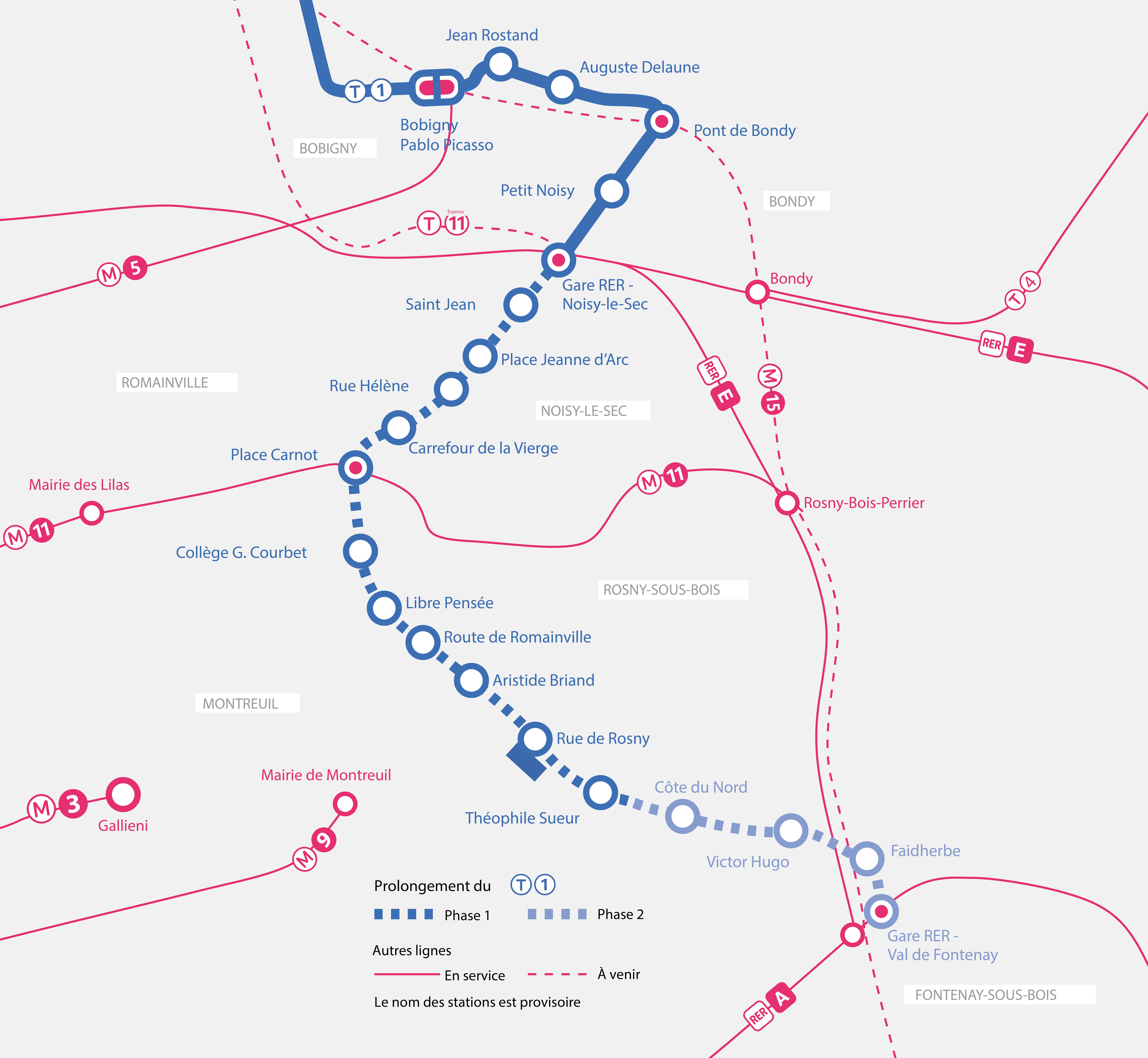 Tracé du prolongement du tram T1 jusqu'à Val de Fontenay