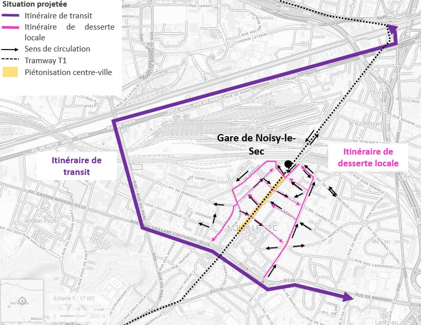 Situation projetée du plan de circulation autour du pôle-gare de Noisy-le-Sec à horizon de mise en service du prolongement du tram T1