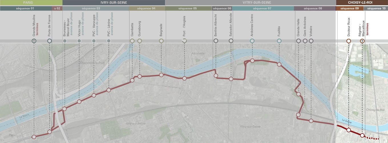 Synoptic map of the Tzen5 line - Choisy-le-Roi section