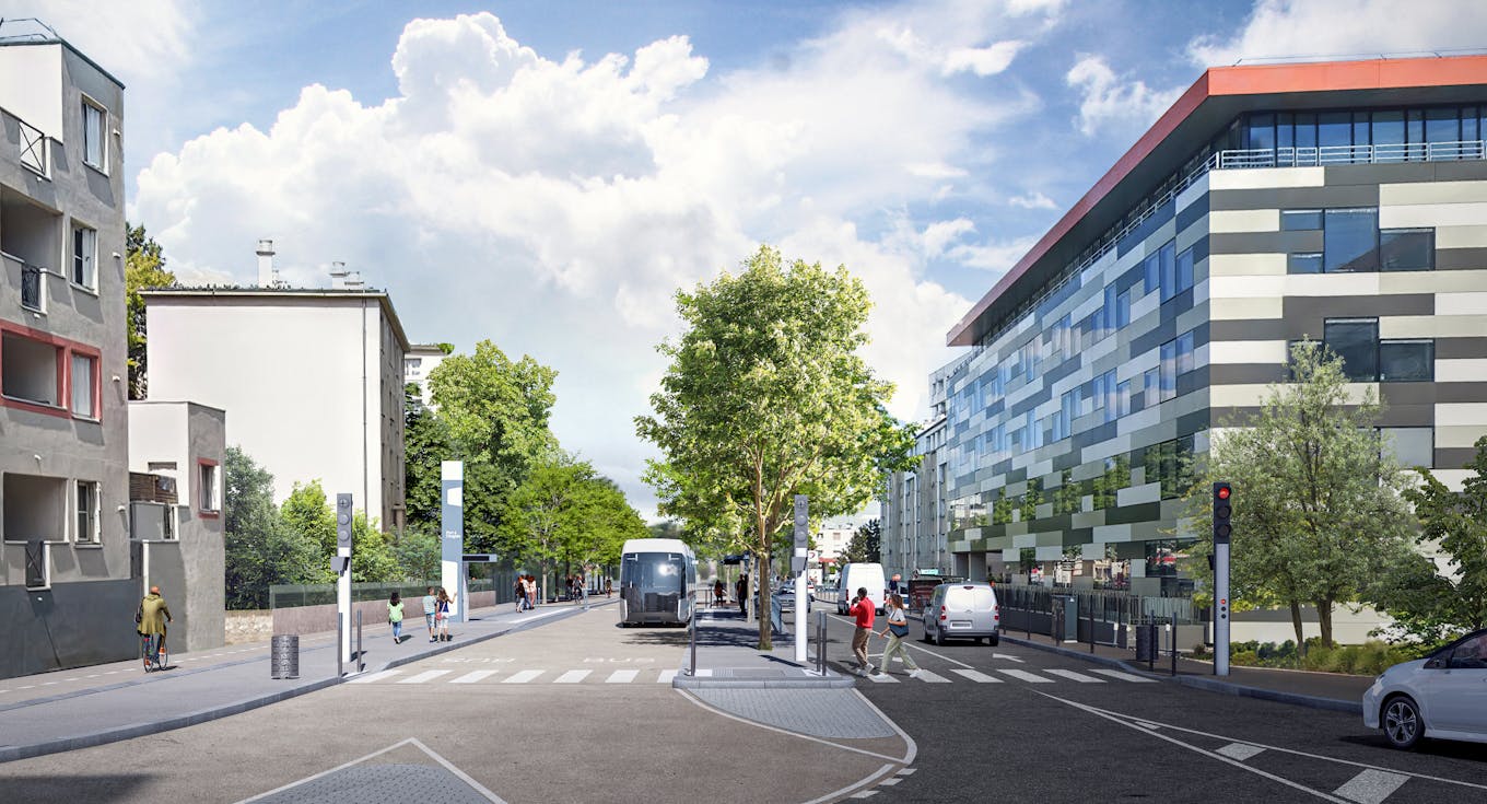 (Non-contractual) perspective of the insertion of Tzen 5 in Choisy-le-Roi © Artélia_Richez Associés