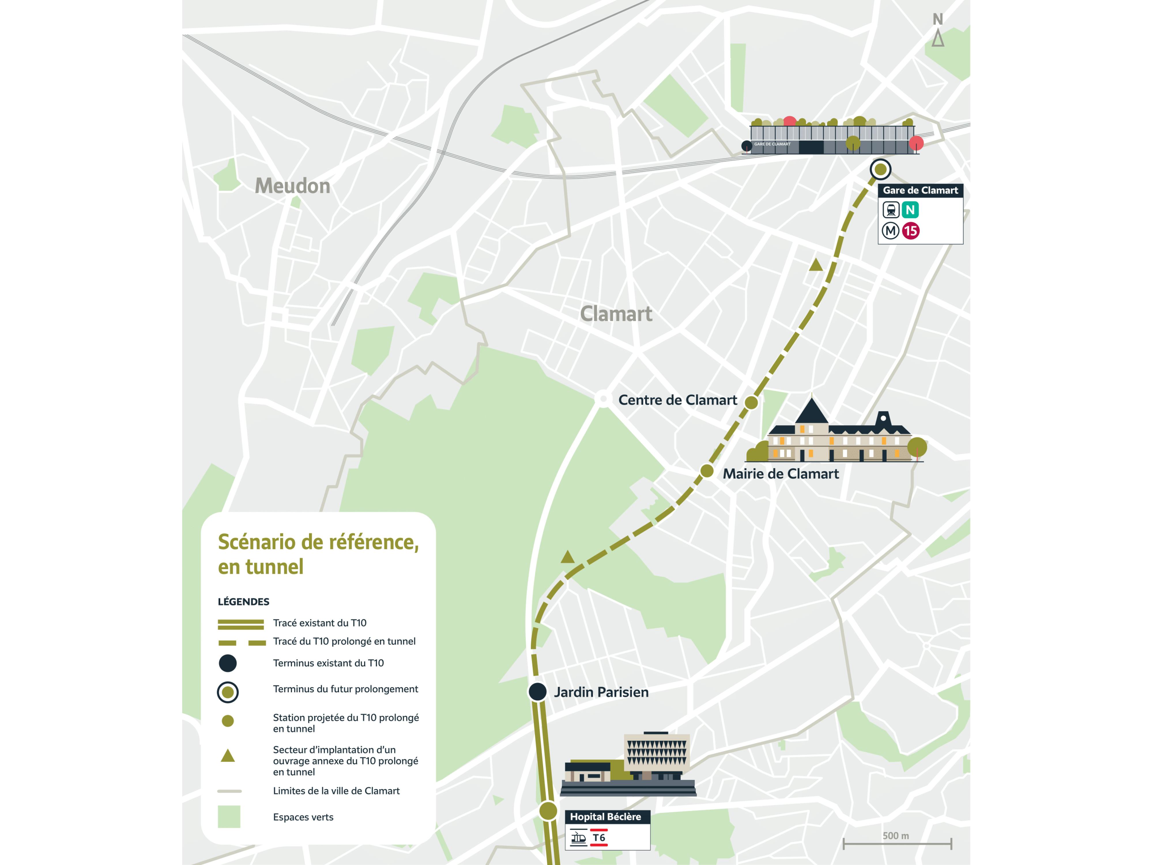 Plan of the T10 tram extension project in Clamart according to the tunnel scenario selected at the end of the preliminary consultation. The route starts from Jardin Parisien and serves the Mairie de Clamart and Centre de Clamart stations before arriving at its terminus Gare de Clamart.