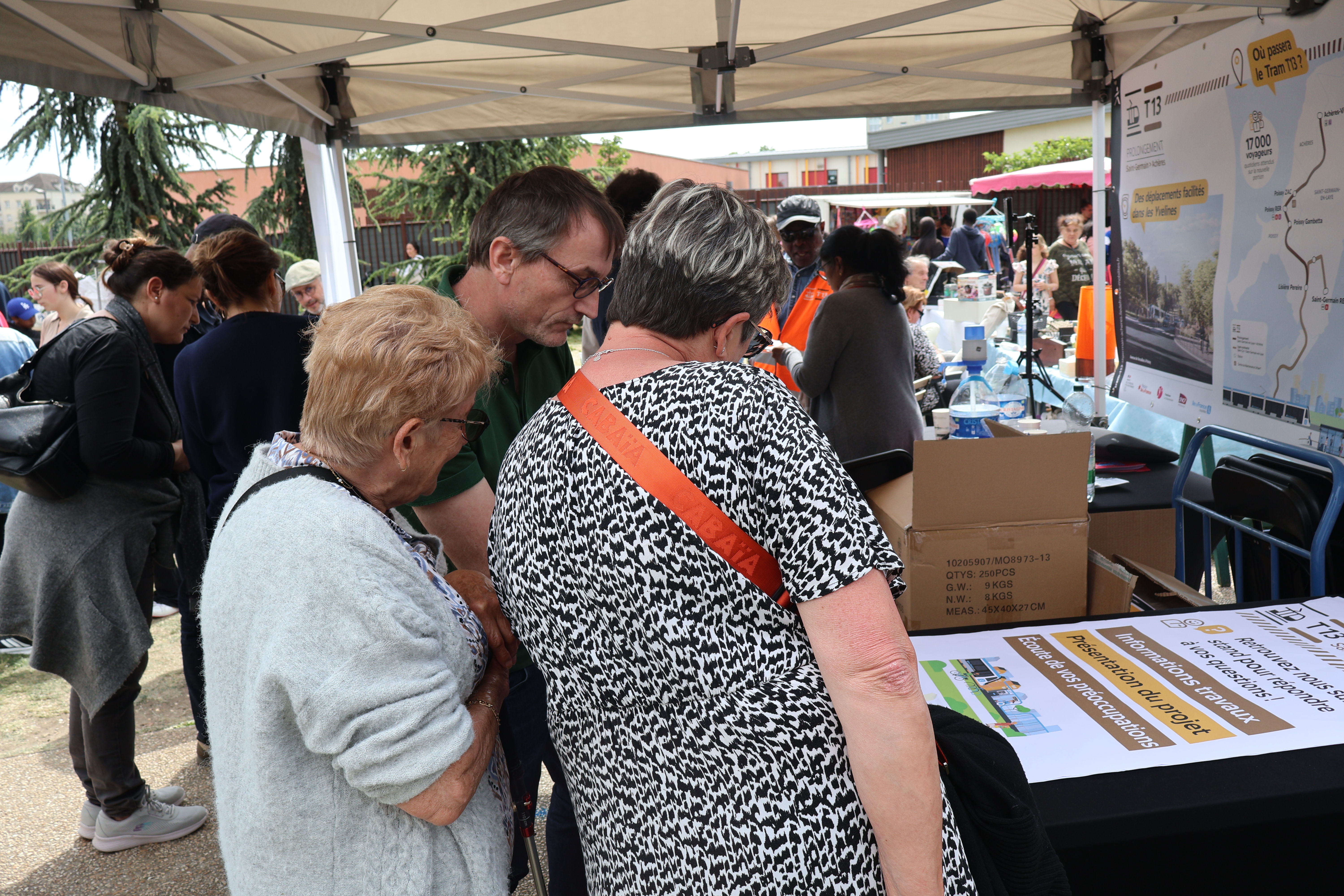 Immagine che mostra la partecipazione del progetto al mercatino delle pulci di Saint-Exupéry il 17 maggio per informare sul progetto e sui lavori. 