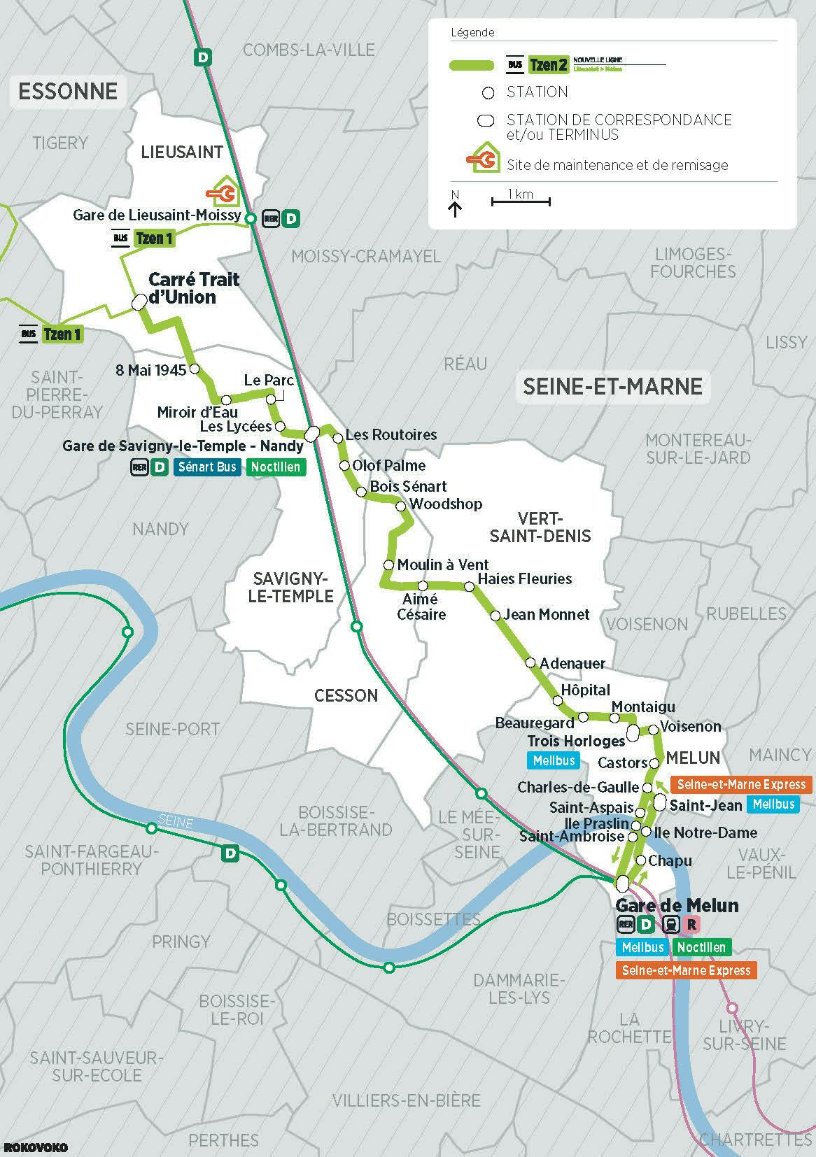 A rota começa em Lieusaint, na estação Carré Trait d'union, em conexão com o Tzen 1. Segue em Savigny-Le-Temple com 8 estações, em Cesson com 3 estações e em Vert-Saint-Denis com 3 estações também. Depois, termina em Melun com 11 estações, incluindo o terminal que é a estação Melun, onde há conexões com o RER D e a Transilien R. Além disso, a rota oferecerá diversas conexões com a rede local de ônibus.