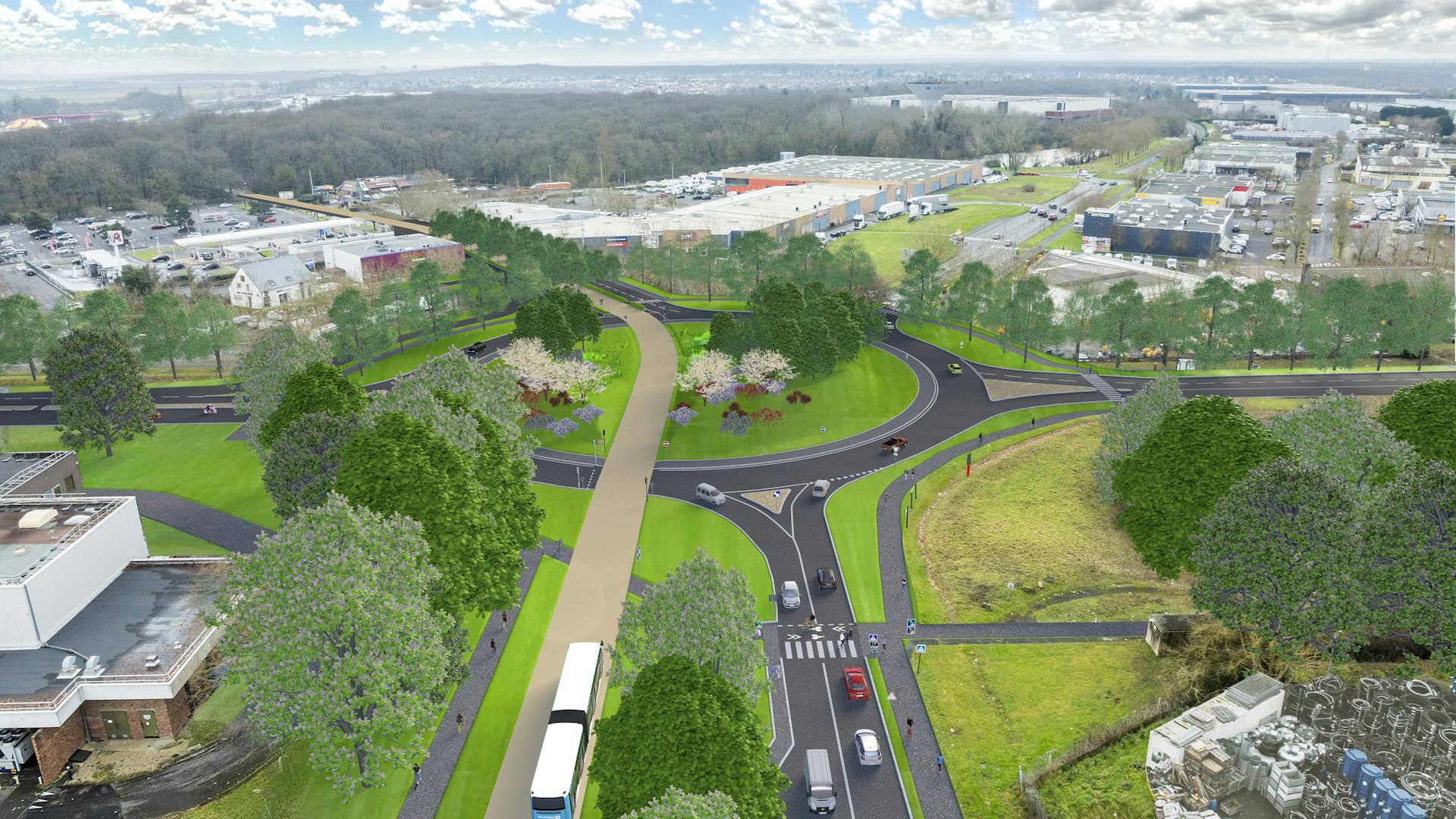 © Parimage - Intention d'aménagement non contractuelle - Perspective montrant le nouveau giratoire Olof Palme à Savigny-le-Temple (vue depuis l'avenue des Routoires)