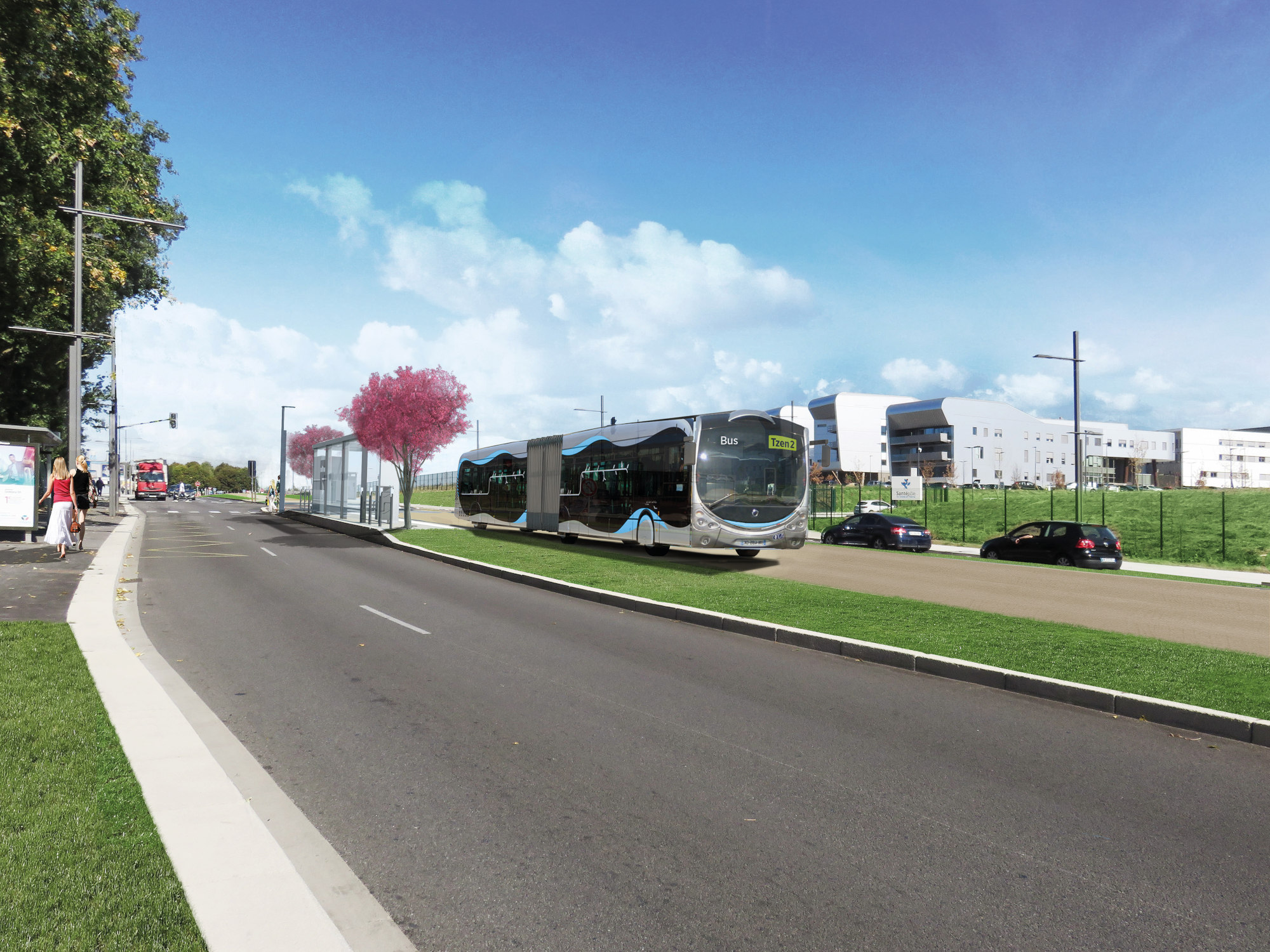 © Urbanica - Außervertragliche Entwicklungsabsicht - Perspektive, die die Integration der ausgewiesenen Fahrspur vor dem Krankenhauszentrum (Santépôle) von Melun (RD 306) zeigt