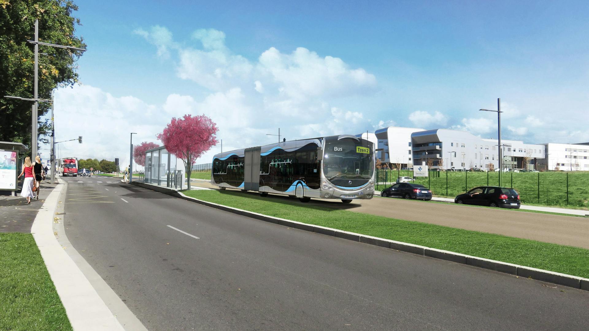 © Urbanica - Intention d'aménagement non contractuelle -  Perspective montrant l’intégration de la voie dédiée devant le Centre Hospitalier (Santépôle) de Melun (RD 306)