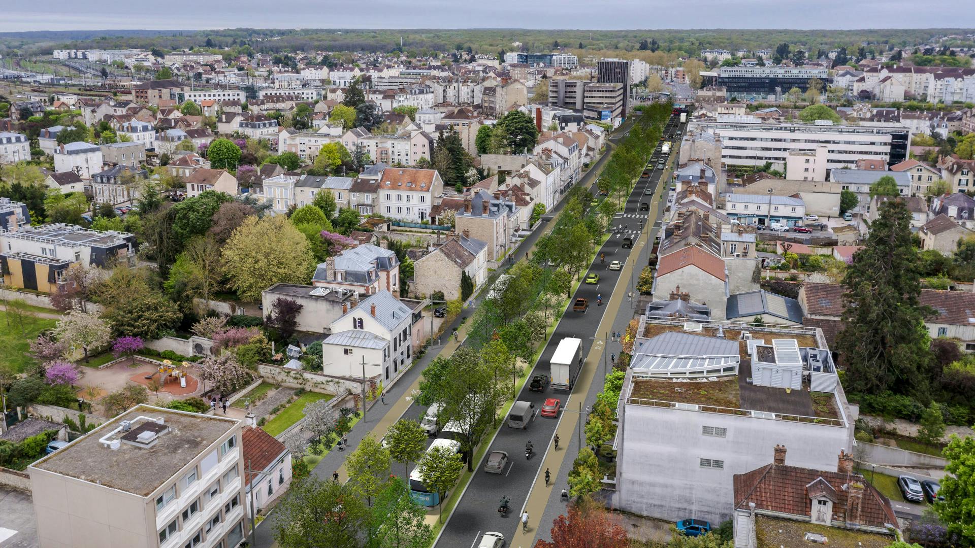 © Parimage - Intention d'aménagement non contractuelle - Perspective montrant l'aménagement de la plateforme du Tzen 2 au niveau de l'avenue Thiers à Melun