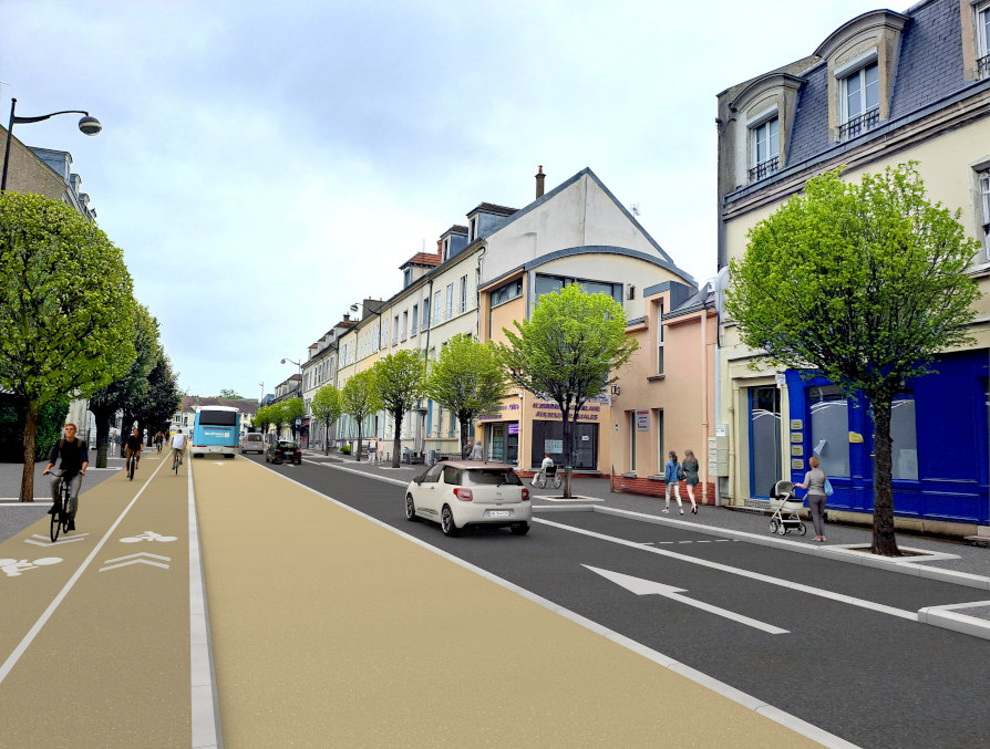 © Parimage - Außervertragliche Entwicklungsabsicht - Perspektive, die die Entwicklung der Plattform Tzen 2 auf dem Niveau des Boulevard Gambetta in Melun zeigt