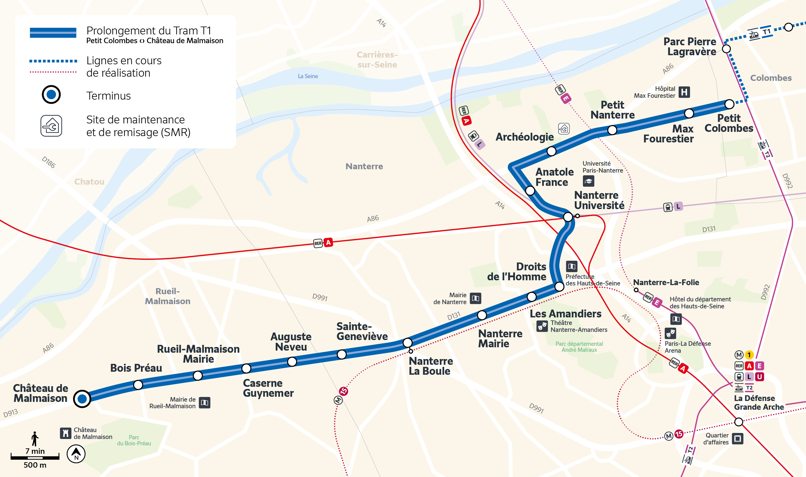 Mapeamento do trajeto da extensão do bonde T1 de Nanterre a Rueil Malmaison