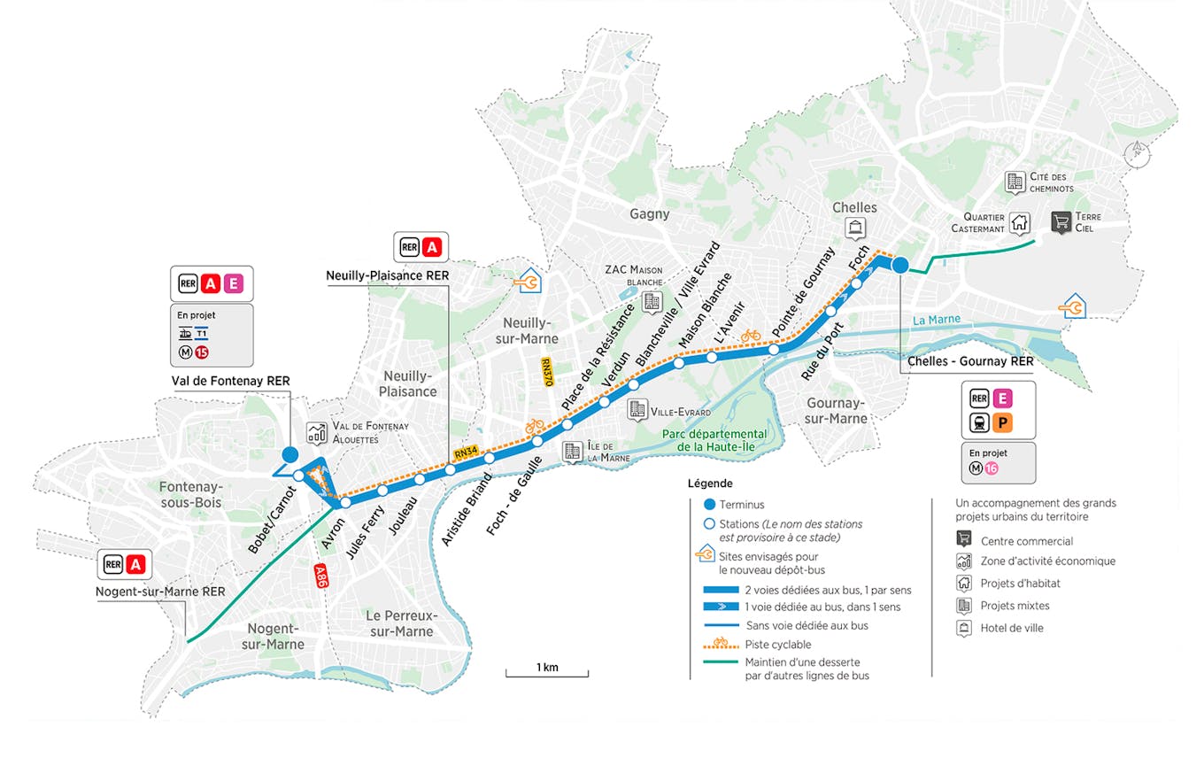 Plan du projet Bus Nouvelle ligne Val de Fontenay <  > Chelles - Gournay