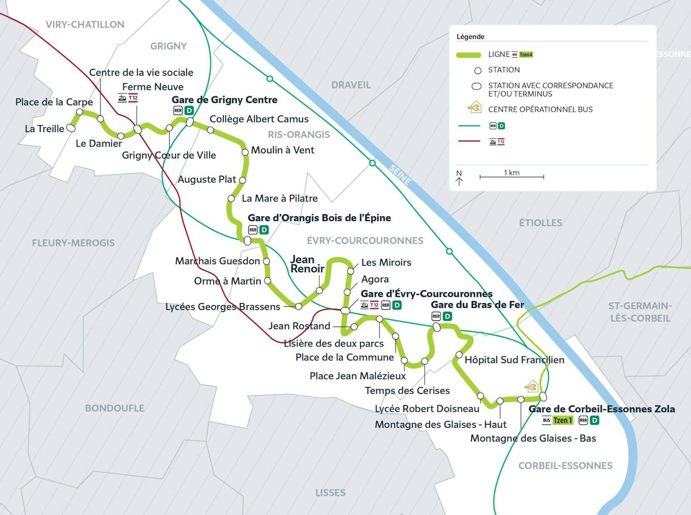 Plan du projet Bus Tzen 4 Nouvelle ligne Viry-Châtillon > Corbeil-Essonnes