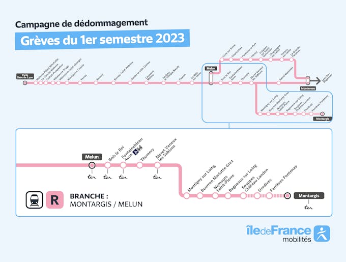 Infografía que representa el ramal de la línea R afectado por la campaña de reembolso entre Montargis y Melun.
