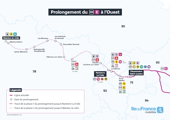 Plan du prolongement de la ligne de RER E jusqu'à Mantes-la-Jolie