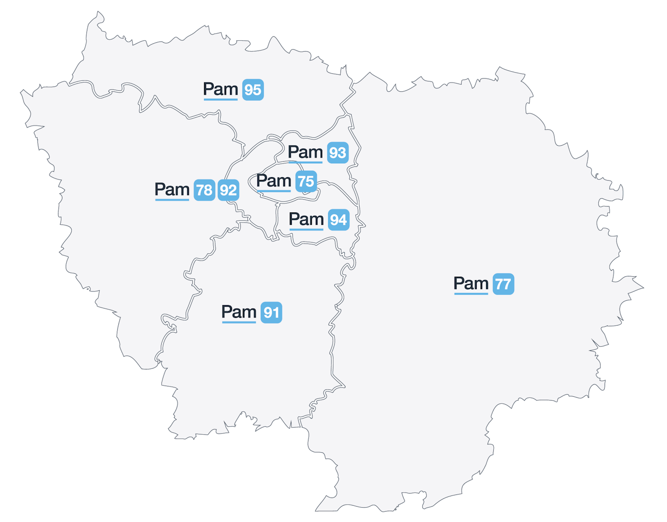 Carte des agences PAM qui permettent le transport des personnes âgées en Île-de-France