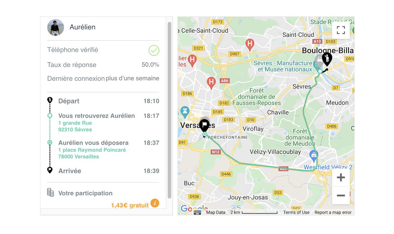 Example of a ride on the Klaxit carpooling service